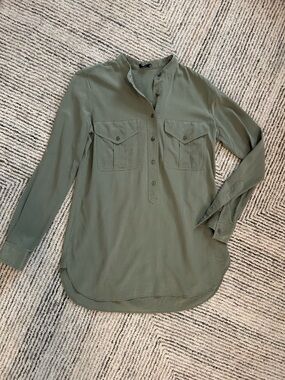 Joseph Olive Green Silk Utility Blouse Size 36 US 4 Button Front Small